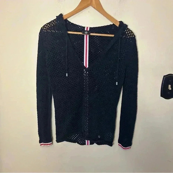 Bogner Open Knit Crochet Hoodie Navy Size M